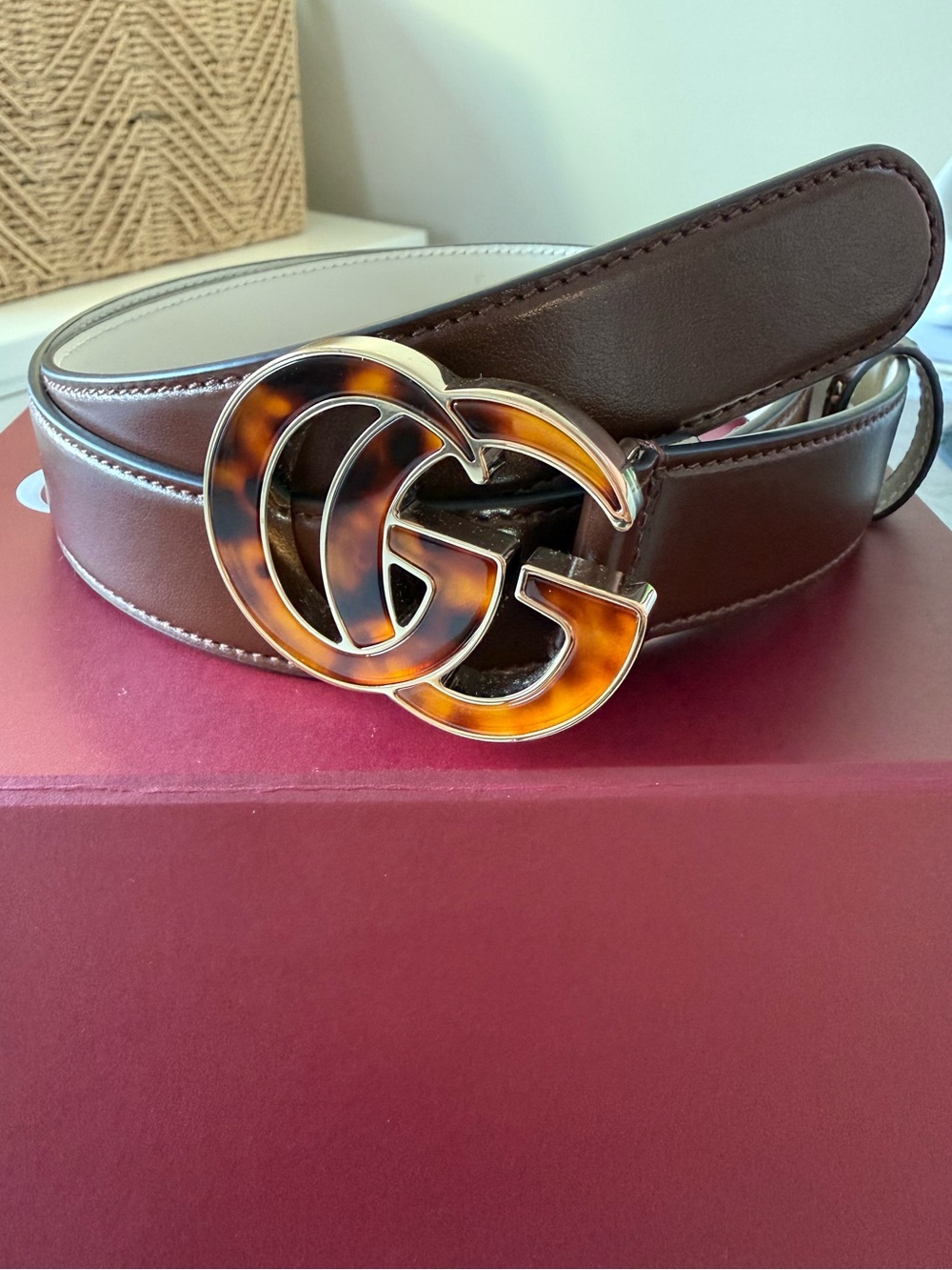 NWT Gucci GG Marmont Tortoiseshell Double G Leather Belt Brown 90/36